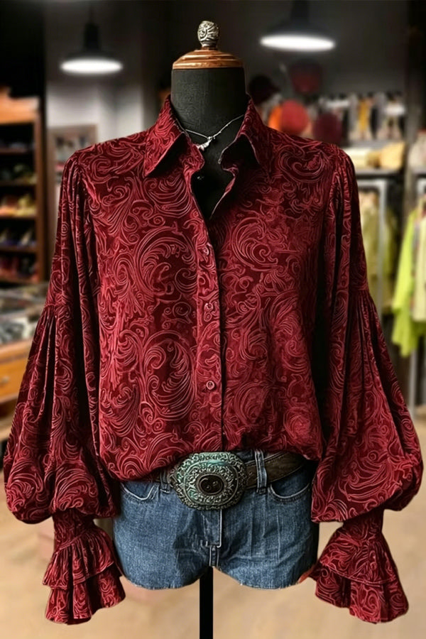 Samt-Top mit Blumenmuster und Laternenärmeln im Vintage-Stil