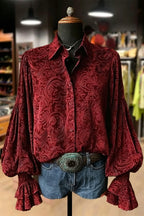 Samt-Top mit Blumenmuster und Laternenärmeln im Vintage-Stil