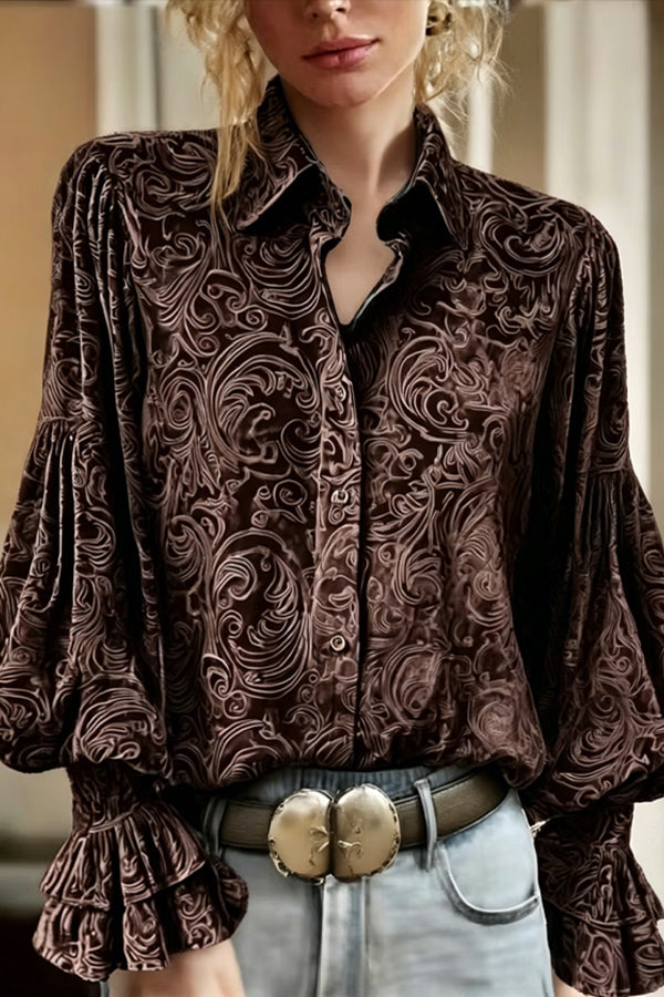 Samt-Top mit Blumenmuster und Laternenärmeln im Vintage-Stil