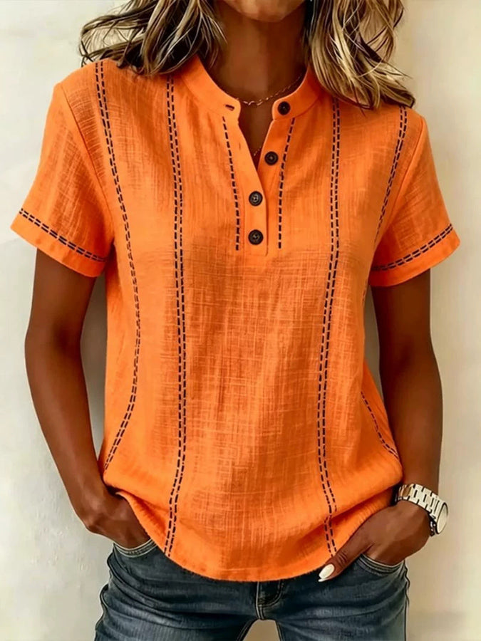 Women's V-neck Short-sleeve Casual Loose Cotton-linen Top