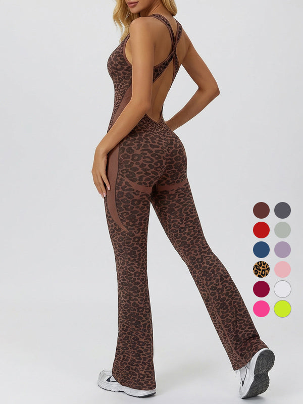 Leopardenmuster rückenfrei sexy Bodysuit Yoga Schlaghose