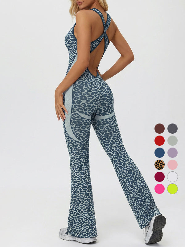 Leopardenmuster rückenfrei sexy Bodysuit Yoga Schlaghose