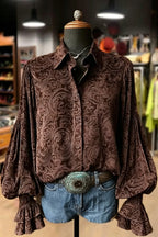 Samt-Top mit Blumenmuster und Laternenärmeln im Vintage-Stil