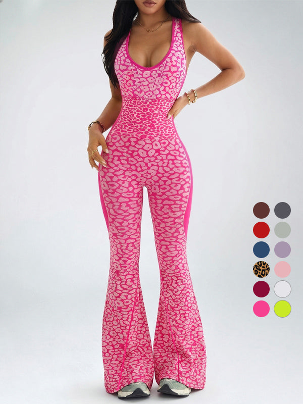 Leopardenmuster rückenfrei sexy Bodysuit Yoga Schlaghose