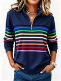 Half-Zip Collar Fashionable Rainbow Striped Sweatshirt