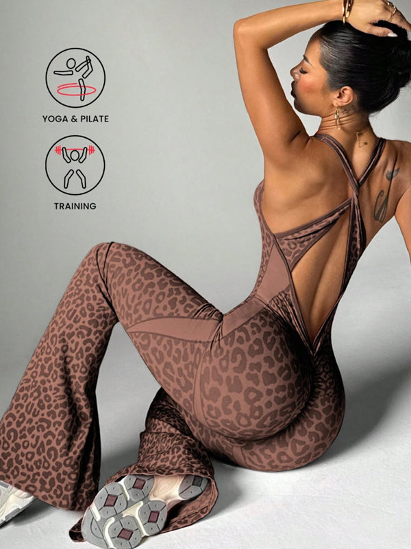 Leopardenmuster rückenfrei sexy Bodysuit Yoga Schlaghose