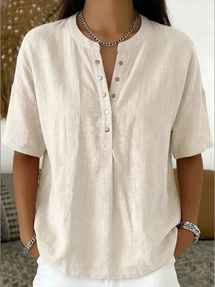 New Arrivals🔥 Women's Casual Henley Collar Linen And Cotton Short-sleeve Shirt