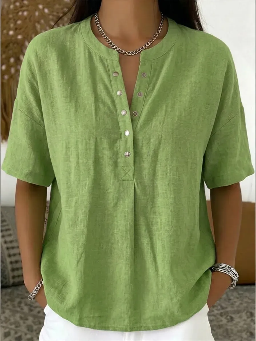 New Arrivals🔥 Women's Casual Henley Collar Linen And Cotton Short-sleeve Shirt
