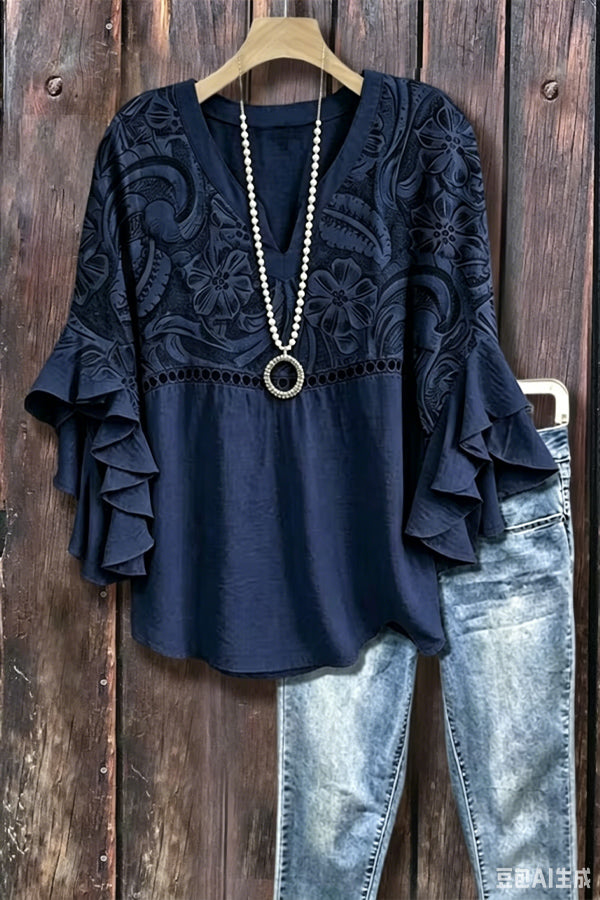 Vintage Floral Print Hollow Out Ruffle Sleeve Top