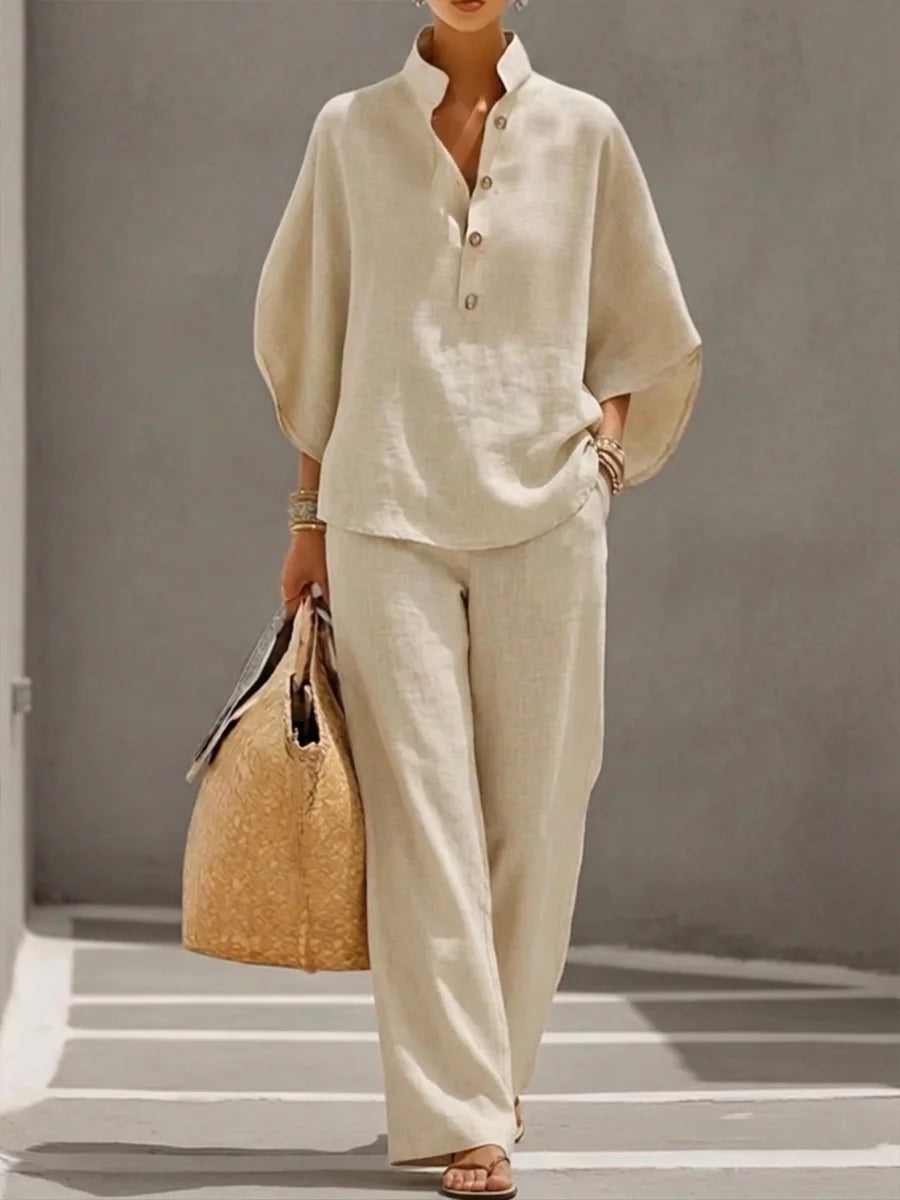 Casual Batwing Sleeve Linen And Cotton Shirt And Trousers Two-piece Set