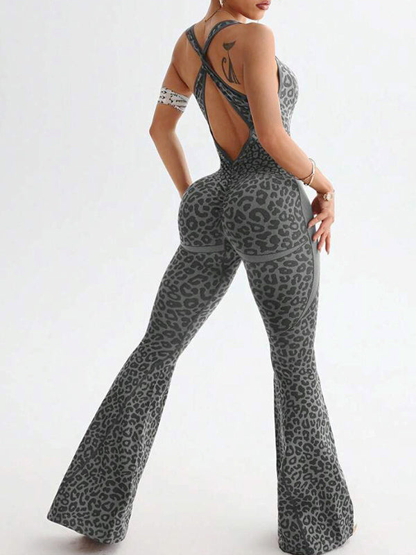 Leopardenmuster rückenfrei sexy Bodysuit Yoga Schlaghose