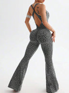Leopardenmuster rückenfrei sexy Bodysuit Yoga Schlaghose