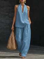 Casual And Cozy Minimalist Halter Top and Trouser Linen Two-piece Set