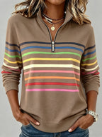 Half-Zip Collar Fashionable Rainbow Striped Sweatshirt