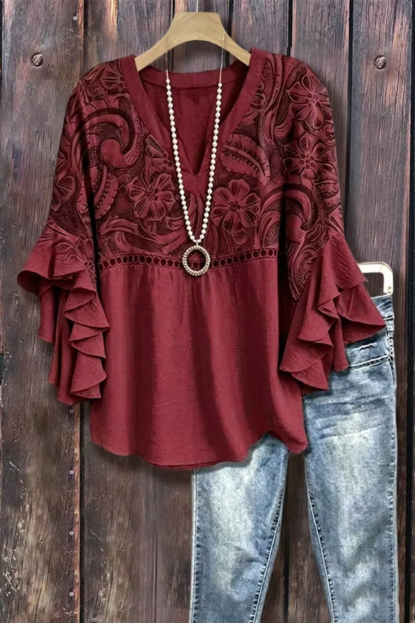 Vintage Floral Print Hollow Out Ruffle Sleeve Top