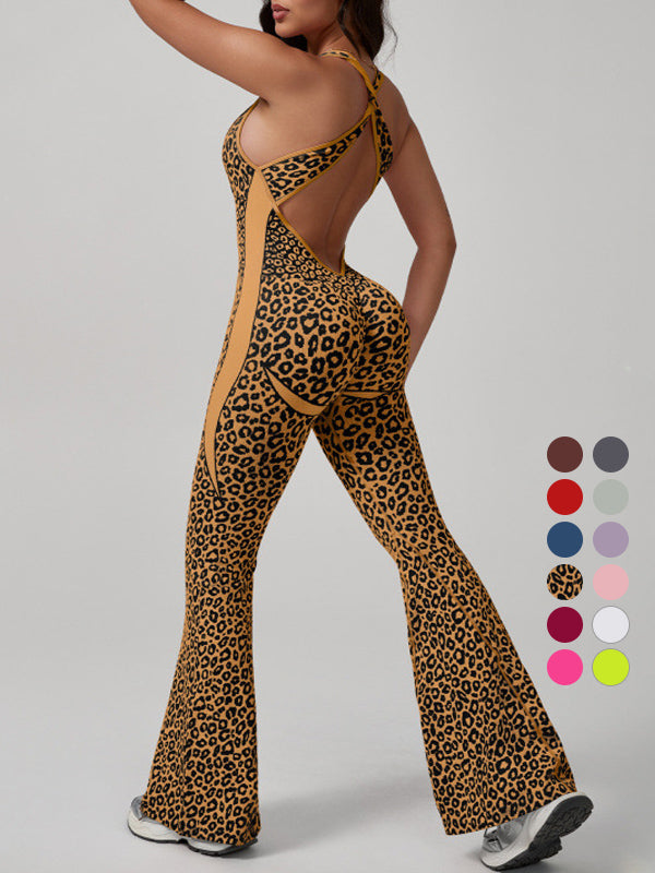 Leopardenmuster rückenfrei sexy Bodysuit Yoga Schlaghose