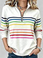 Half-Zip Collar Fashionable Rainbow Striped Sweatshirt