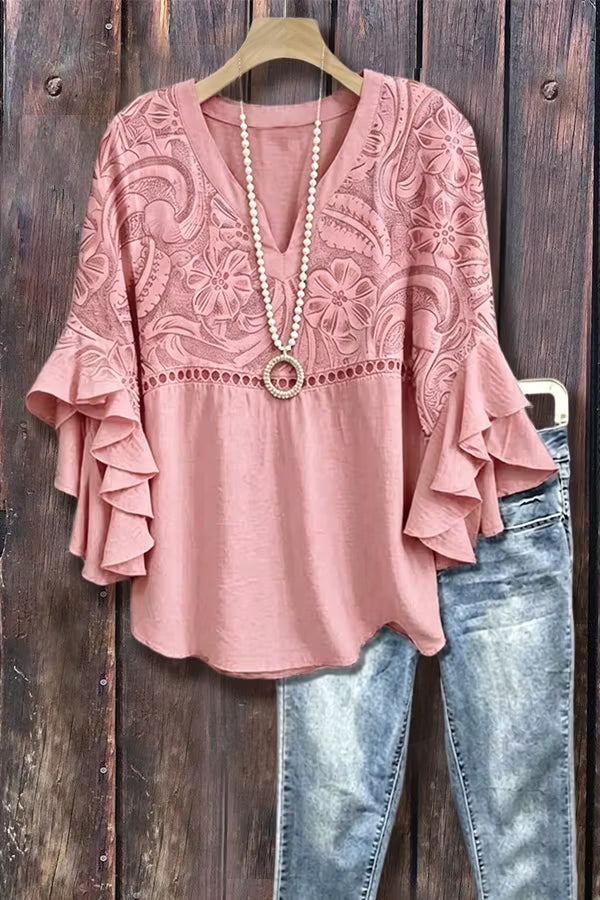 Vintage Floral Print Hollow Out Ruffle Sleeve Top
