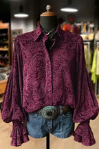 Samt-Top mit Blumenmuster und Laternenärmeln im Vintage-Stil