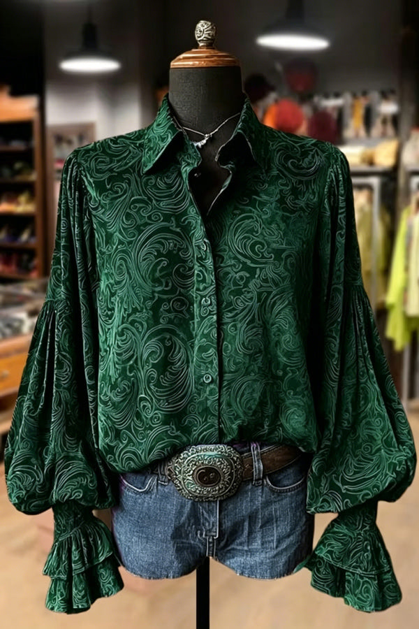 Samt-Top mit Blumenmuster und Laternenärmeln im Vintage-Stil