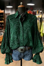 Samt-Top mit Blumenmuster und Laternenärmeln im Vintage-Stil