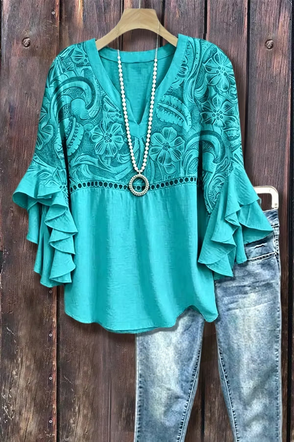 Vintage Floral Print Hollow Out Ruffle Sleeve Top