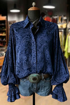 Samt-Top mit Blumenmuster und Laternenärmeln im Vintage-Stil