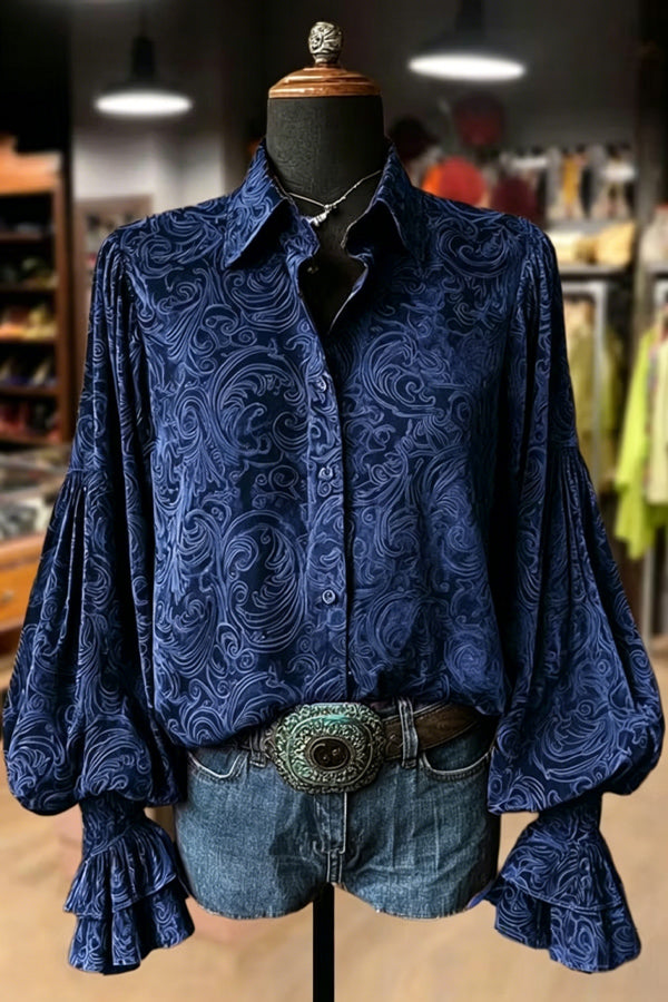 Samt-Top mit Blumenmuster und Laternenärmeln im Vintage-Stil