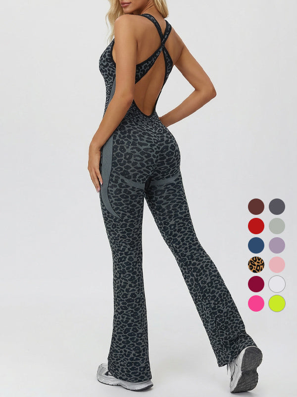 Leopardenmuster rückenfrei sexy Bodysuit Yoga Schlaghose