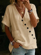 V-Neck Solid-Color Casual & Comfortable Cotton-Linen Button-Up Shirt