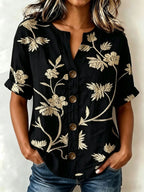 Floral Embroidered V-Neck Cotton-Linen Shirt