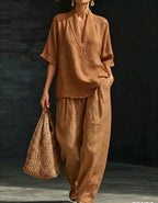 Casual And Cozy Minimalist V-neck Short-Sleeve Shirt and Trouser Linen Two-piece Set