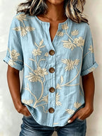Floral Embroidered V-Neck Cotton-Linen Shirt