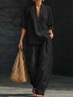 Casual And Cozy Minimalist V-neck Short-Sleeve Shirt and Trouser Linen Two-piece Set
