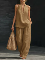 Casual And Cozy Minimalist Halter Top and Trouser Linen Two-piece Set