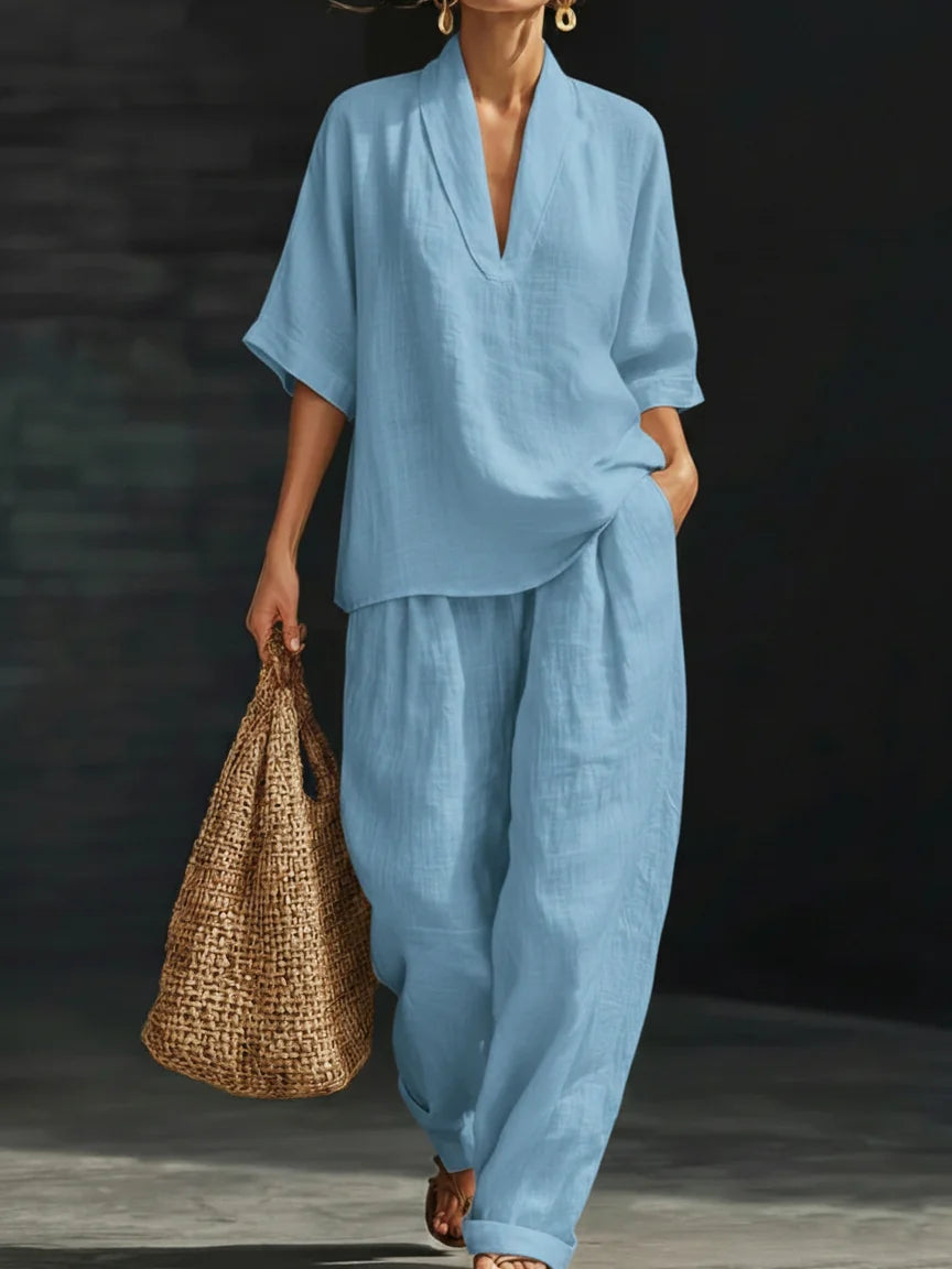 Casual And Cozy Minimalist V-neck Short-Sleeve Shirt and Trouser Linen Two-piece Set