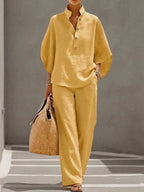 Casual Batwing Sleeve Linen And Cotton Shirt And Trousers Two-piece Set