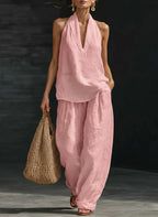 Casual And Cozy Minimalist Halter Top and Trouser Linen Two-piece Set