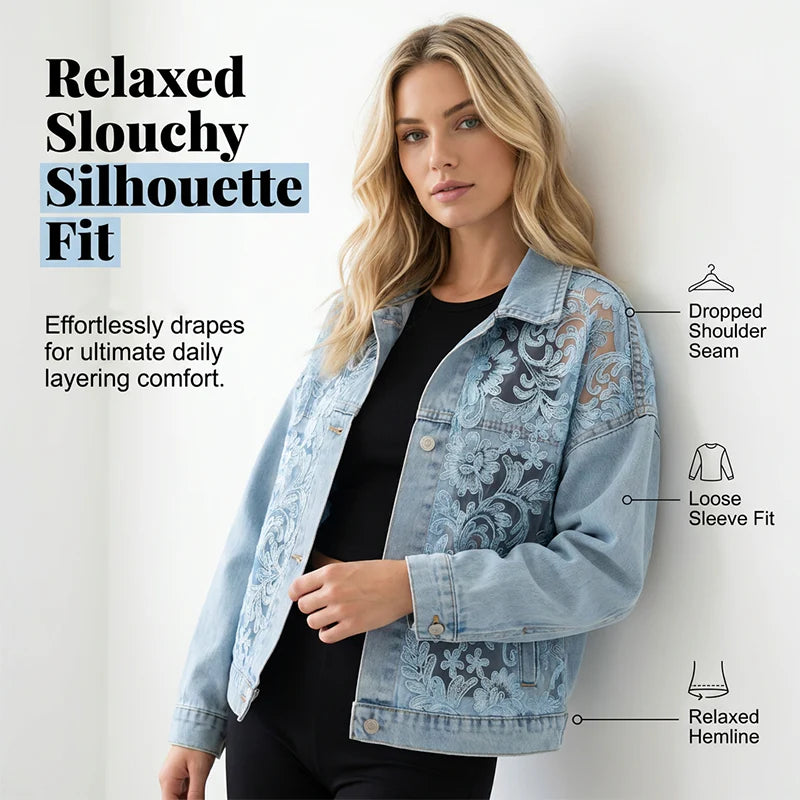 Women's Loose Floral Lace Patchwork Denim Jacket