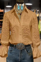 Elegant Textured Flower Bell Sleeve Button Up Blouse